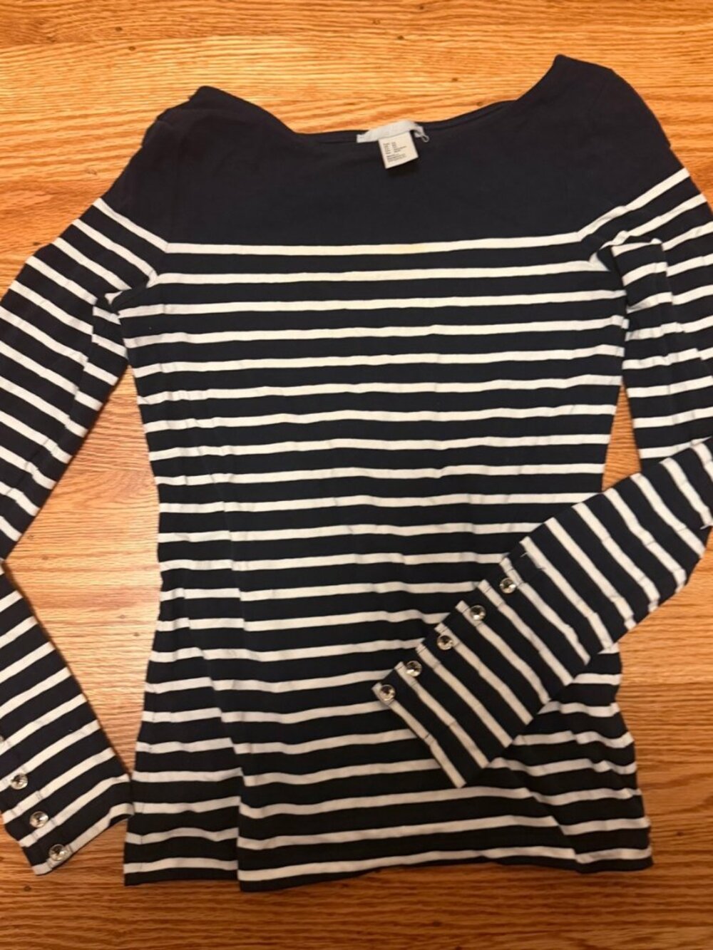 H&M Navy White Striped Long Sleeve Top Scoop Neck Button Cuffs Size XS